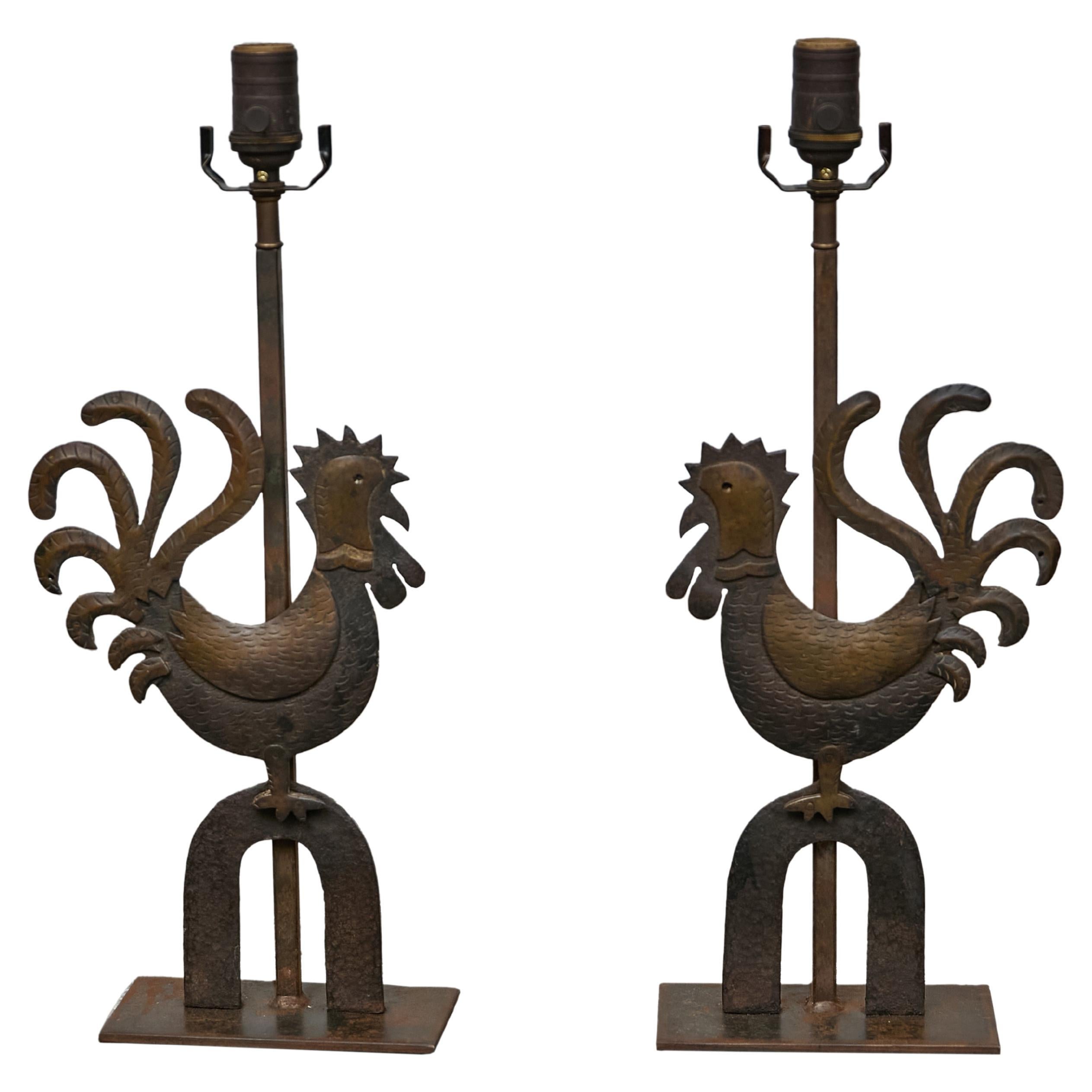 Pair of Rustic French Wrought Iron Rooster Table Lamps on Custom Lucite Bases For Sale