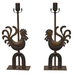 Pair of Rustic French Wrought Iron Rooster Table Lamps on Custom Lucite Bases