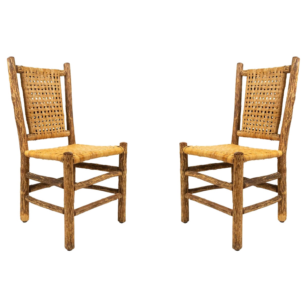 Pair of Rustic Hickory Side Chairs with Cane Seats