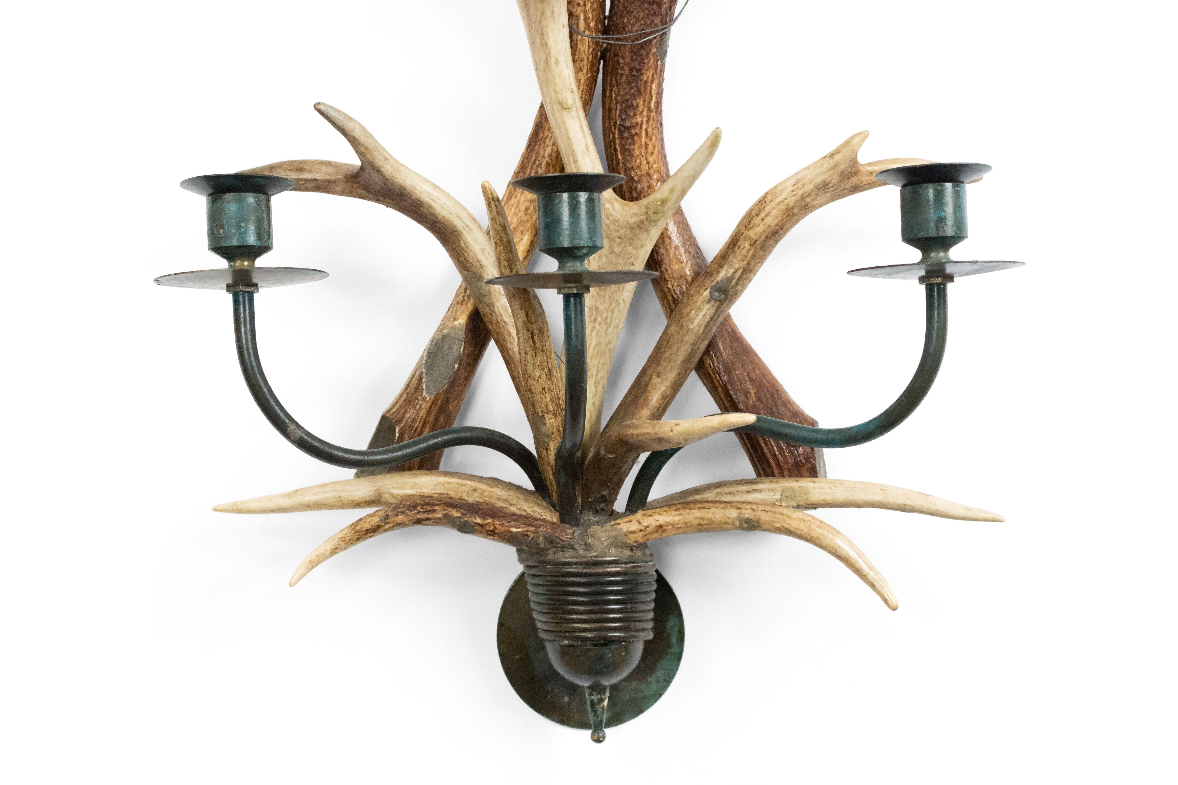 Unknown Pair of Rustic Horn and Brass Wall Sconces