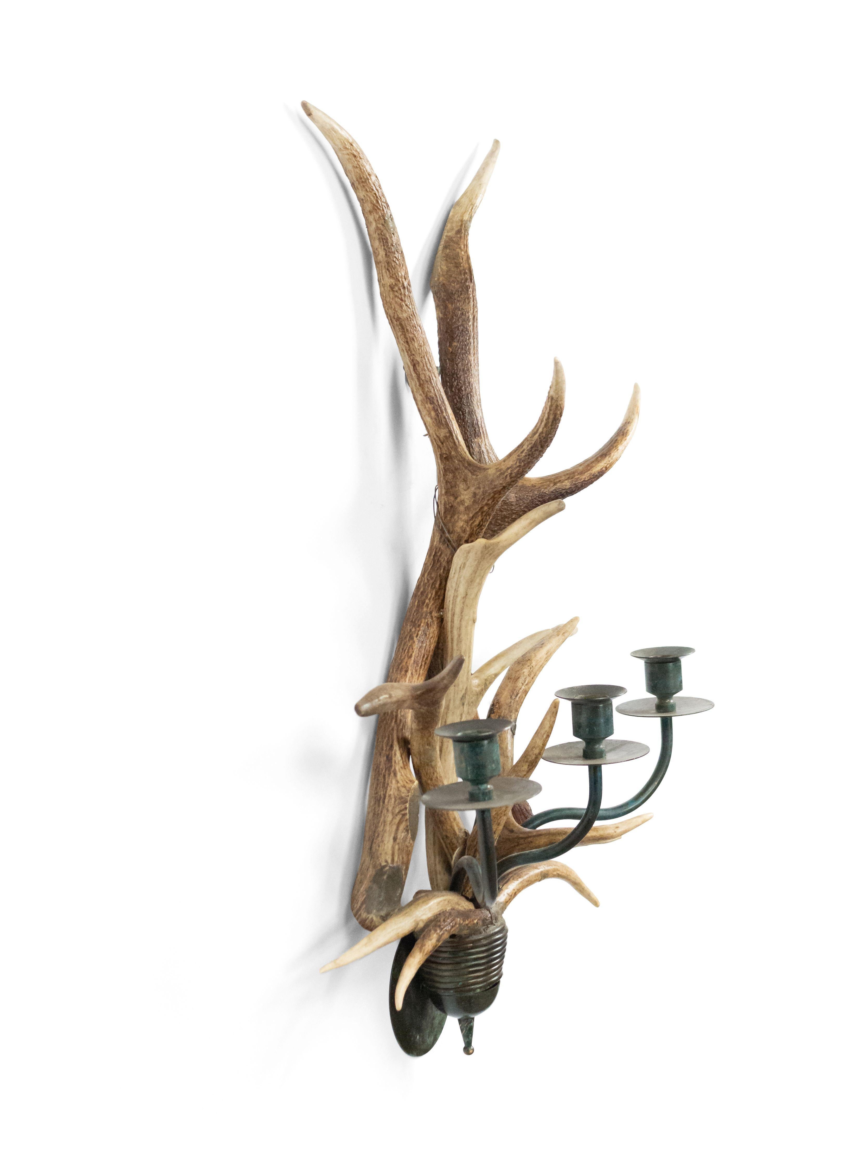 20th Century Pair of Rustic Horn and Brass Wall Sconces