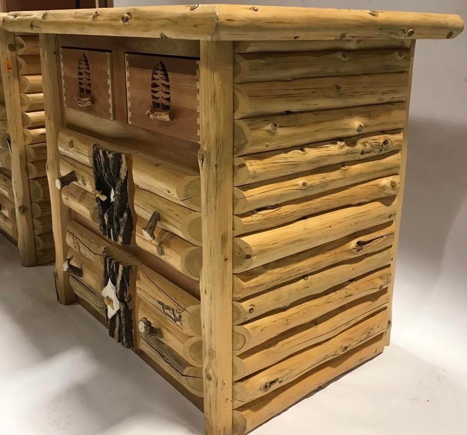 Exceptional pair of rustic nightstands for your cabin or home. I especially love the detailing with the leather pulls which add an extra special touch. Please also know that I have a matching giant dresser/armoire that is listed separately. It