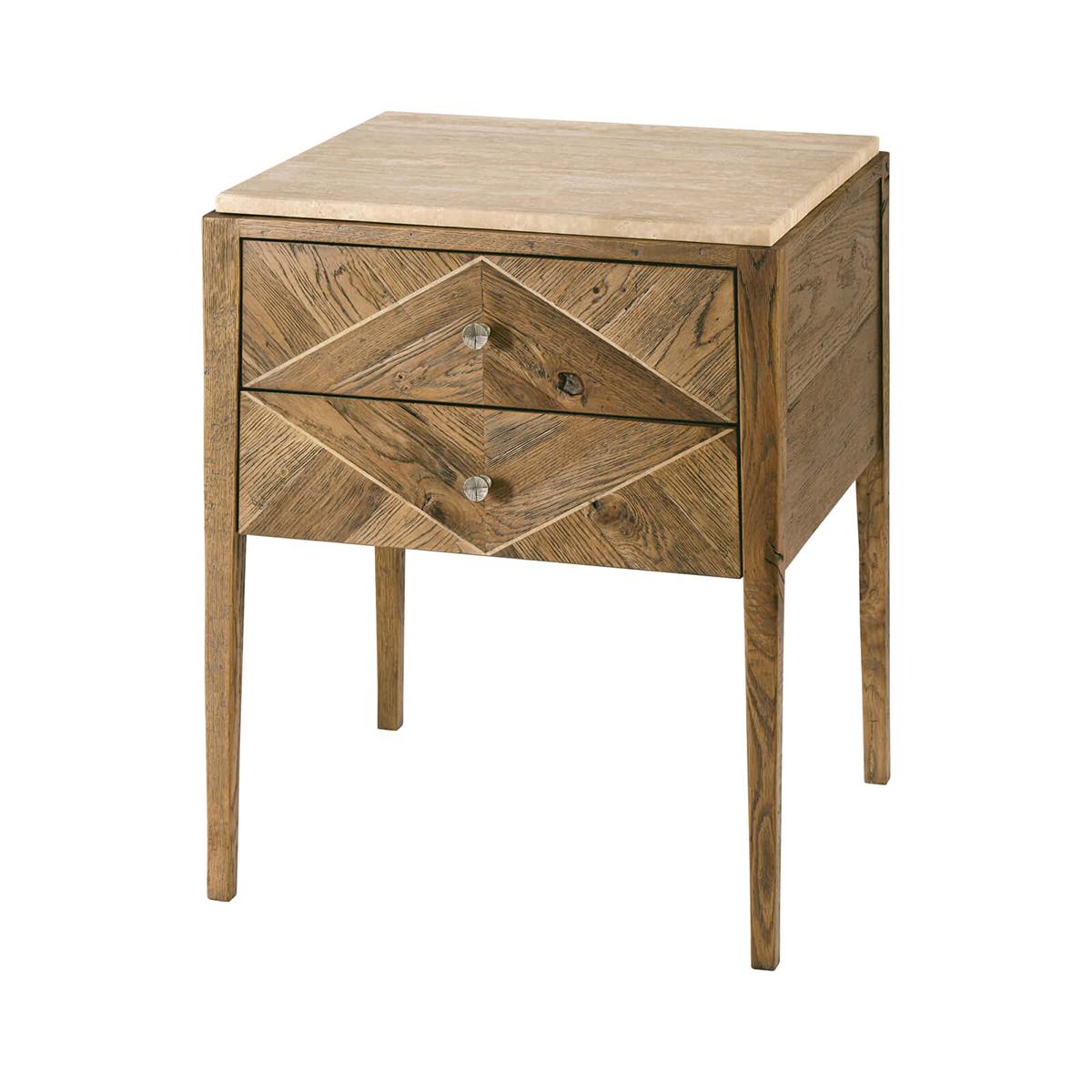 Marble Pair of Rustic Oak Parquetry Bedside Tables For Sale
