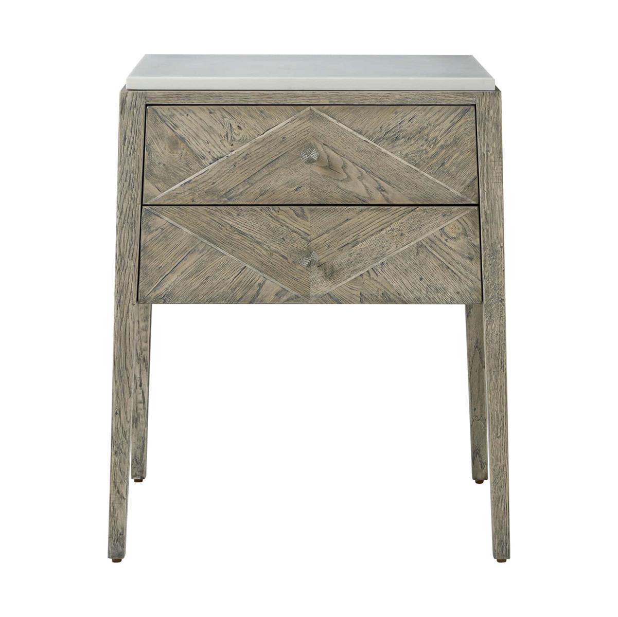Marble Pair of Rustic Oak Parquetry Bedside Tables, Greyed Oak For Sale