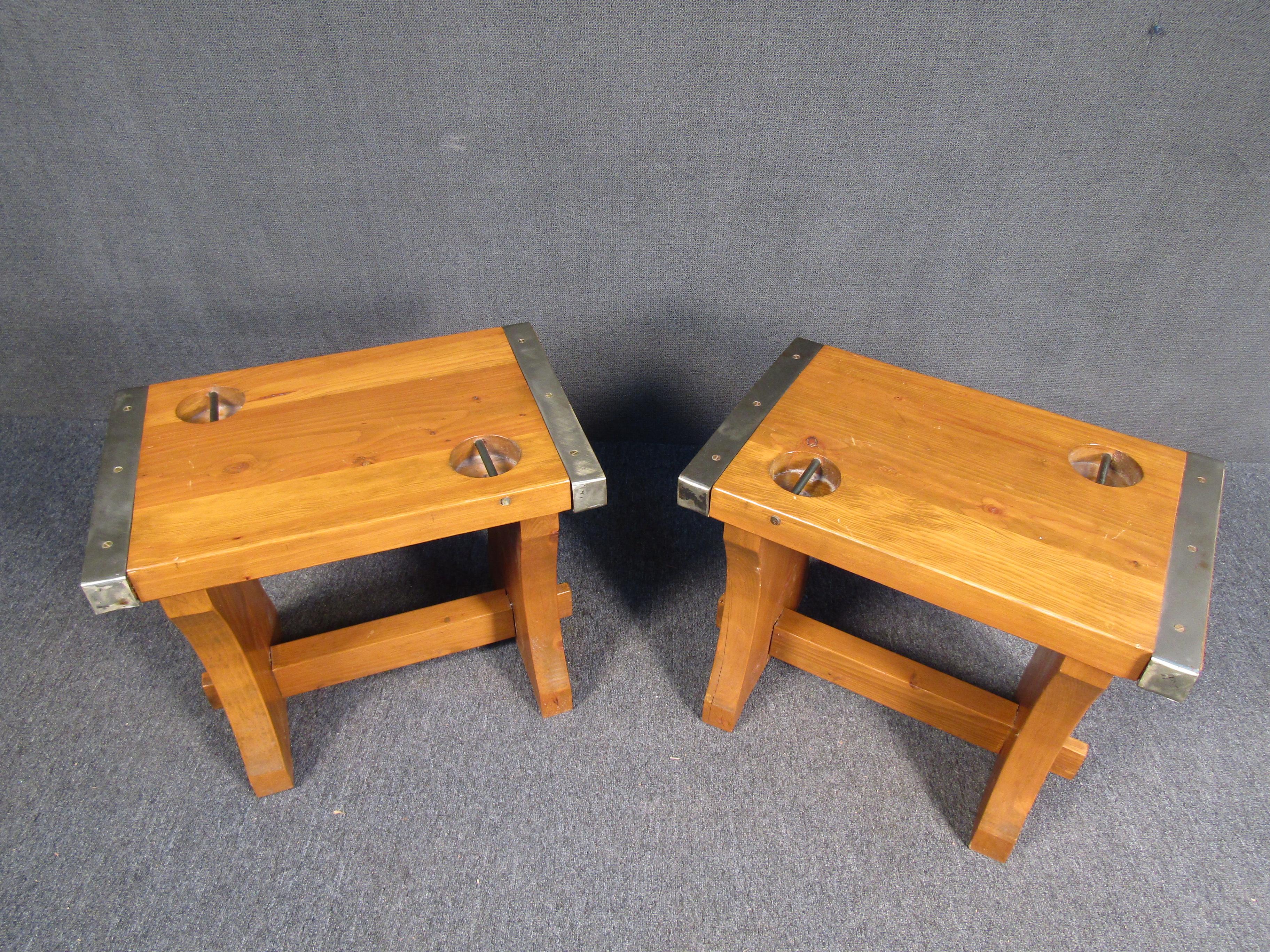 Pair of sturdy mid-century, rustic side tables. Made out of solid Oak. 

(Please confirm item location - NY or NJ - with dealer).
     