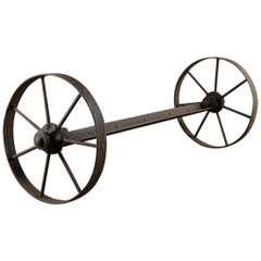 Pair of Rustic Old Cast Iron Wheels on Axle, 20th Century