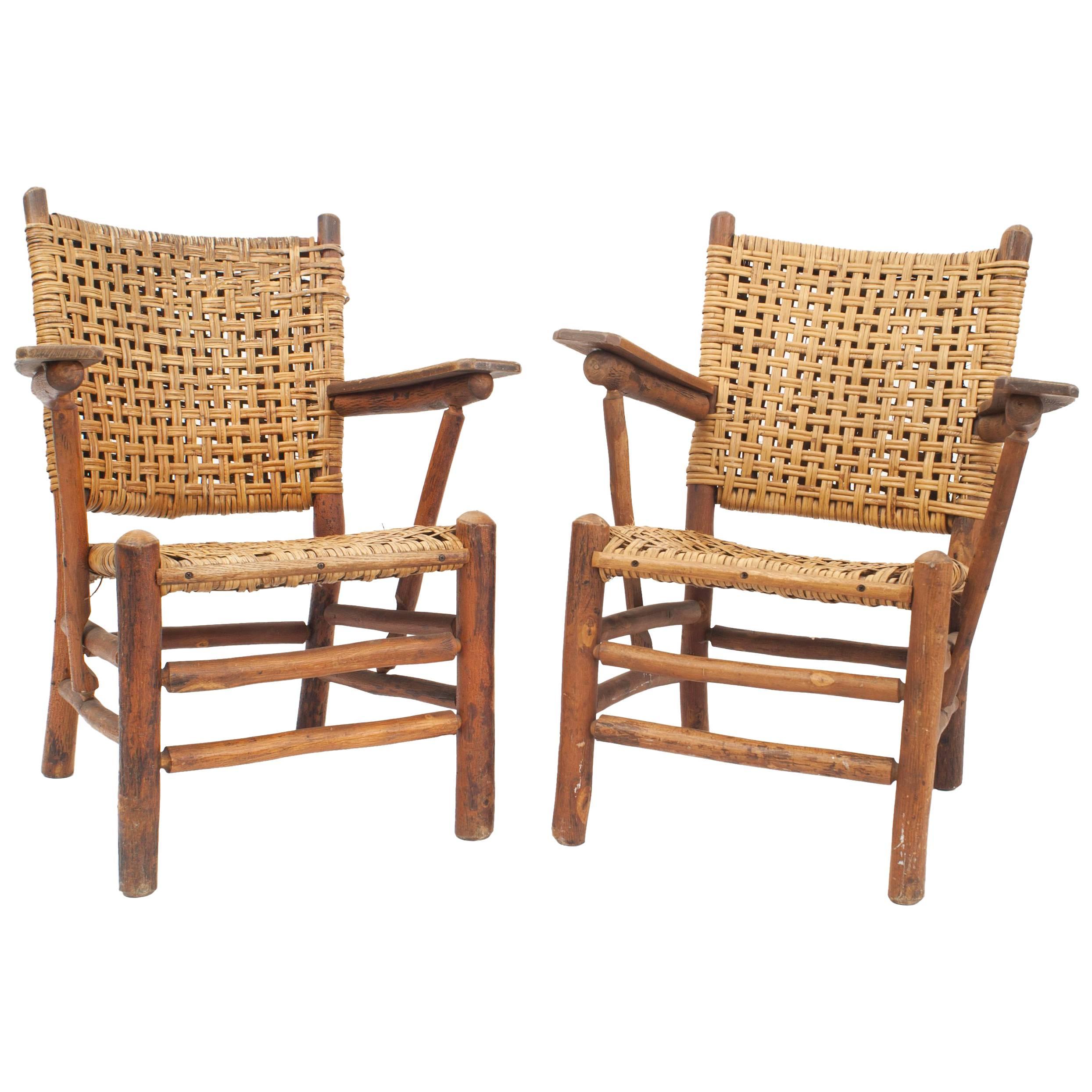 Pair of Old Hickory Woven Pine Armchairs For Sale