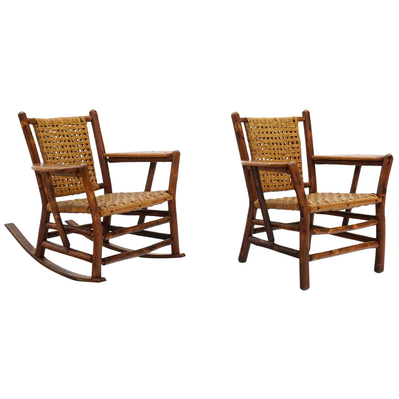 Pair of Rustic Old Hickory Chairs, One Lounge with Arms, One Rocker