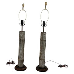 Pair of Rustic Organic Wood Table Lamps with Natural Bamboo Form