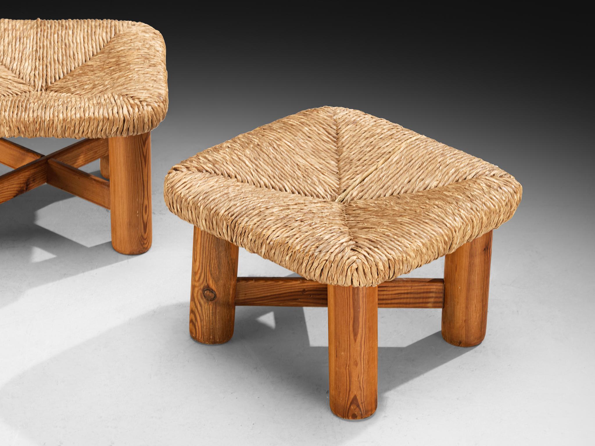 Mid-Century Modern Pair of Rustic Ottomans or Tabourets in Rush and Pine For Sale