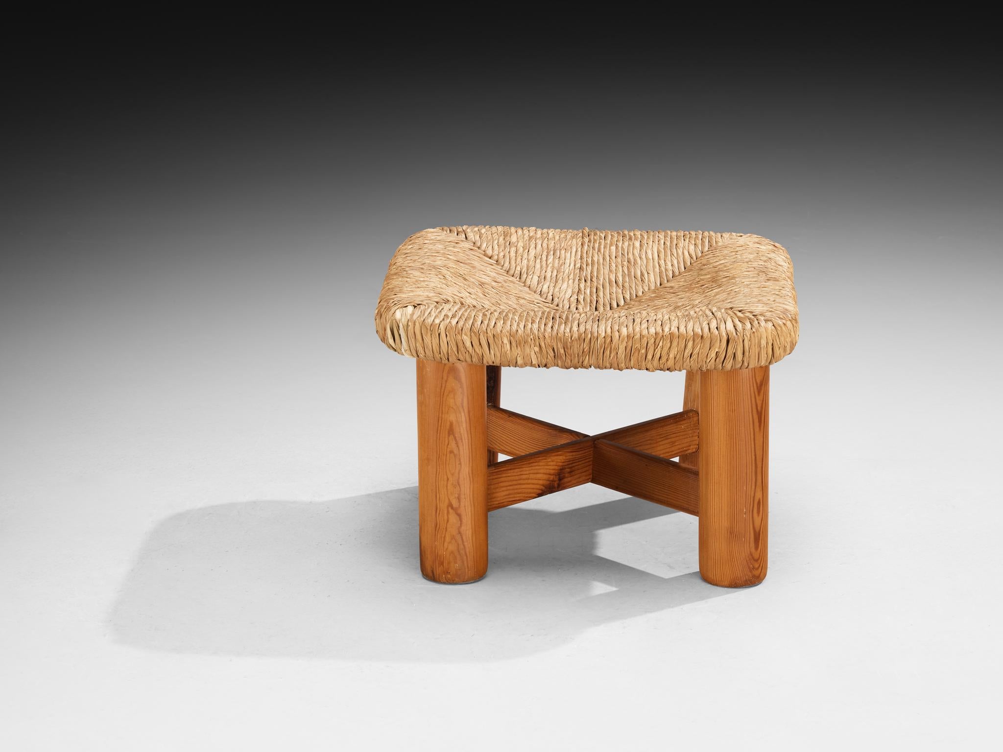 European Pair of Rustic Ottomans or Tabourets in Rush and Pine For Sale