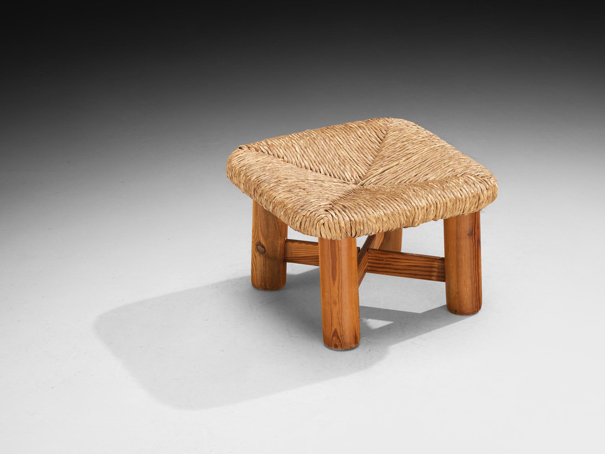 Mid-20th Century Pair of Rustic Ottomans or Tabourets in Rush and Pine For Sale