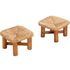 Pair of Rustic Ottomans or Tabourets in Rush and Pine