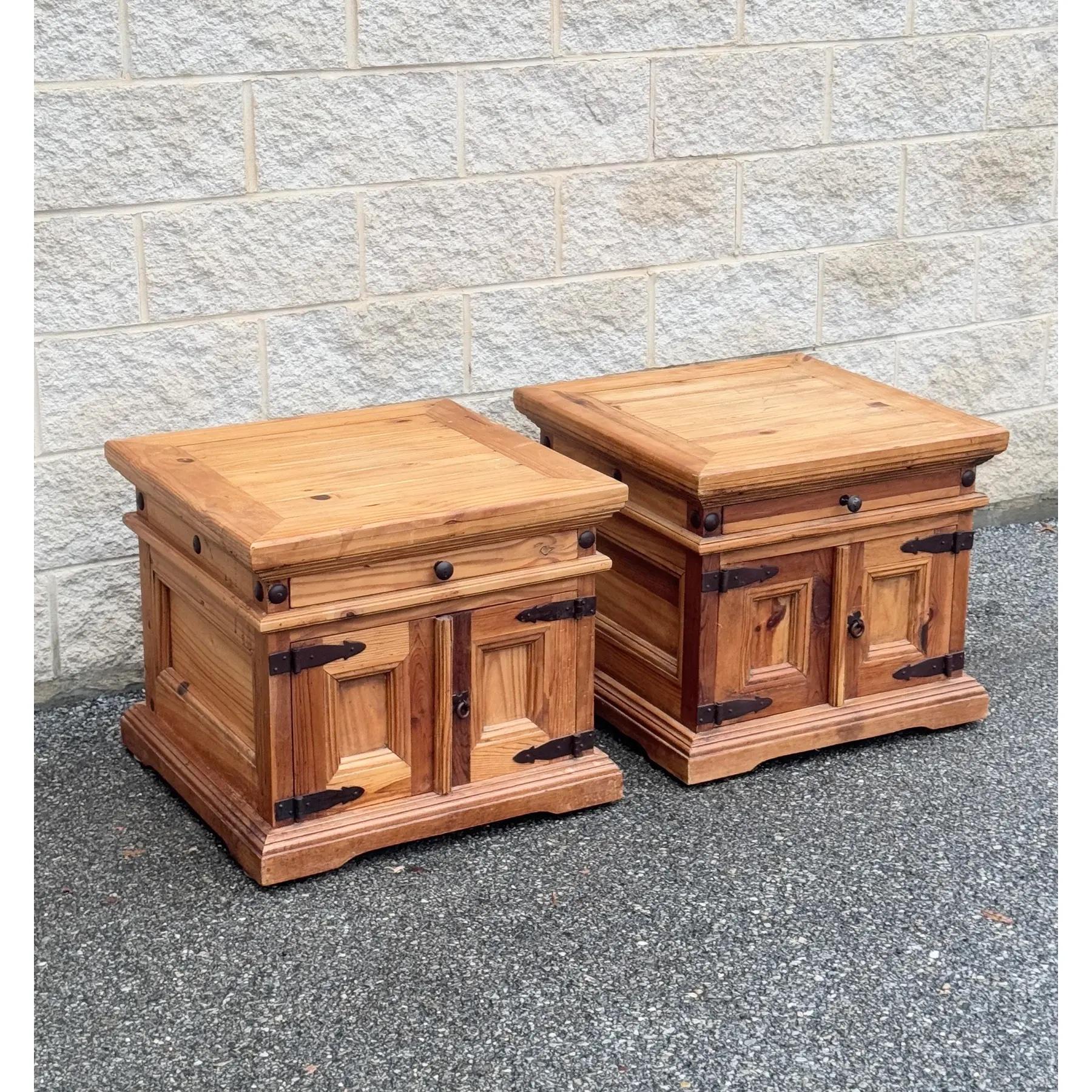 American Pair of Rustic Pine Nightstands With Wrought Iron Hardware For Sale