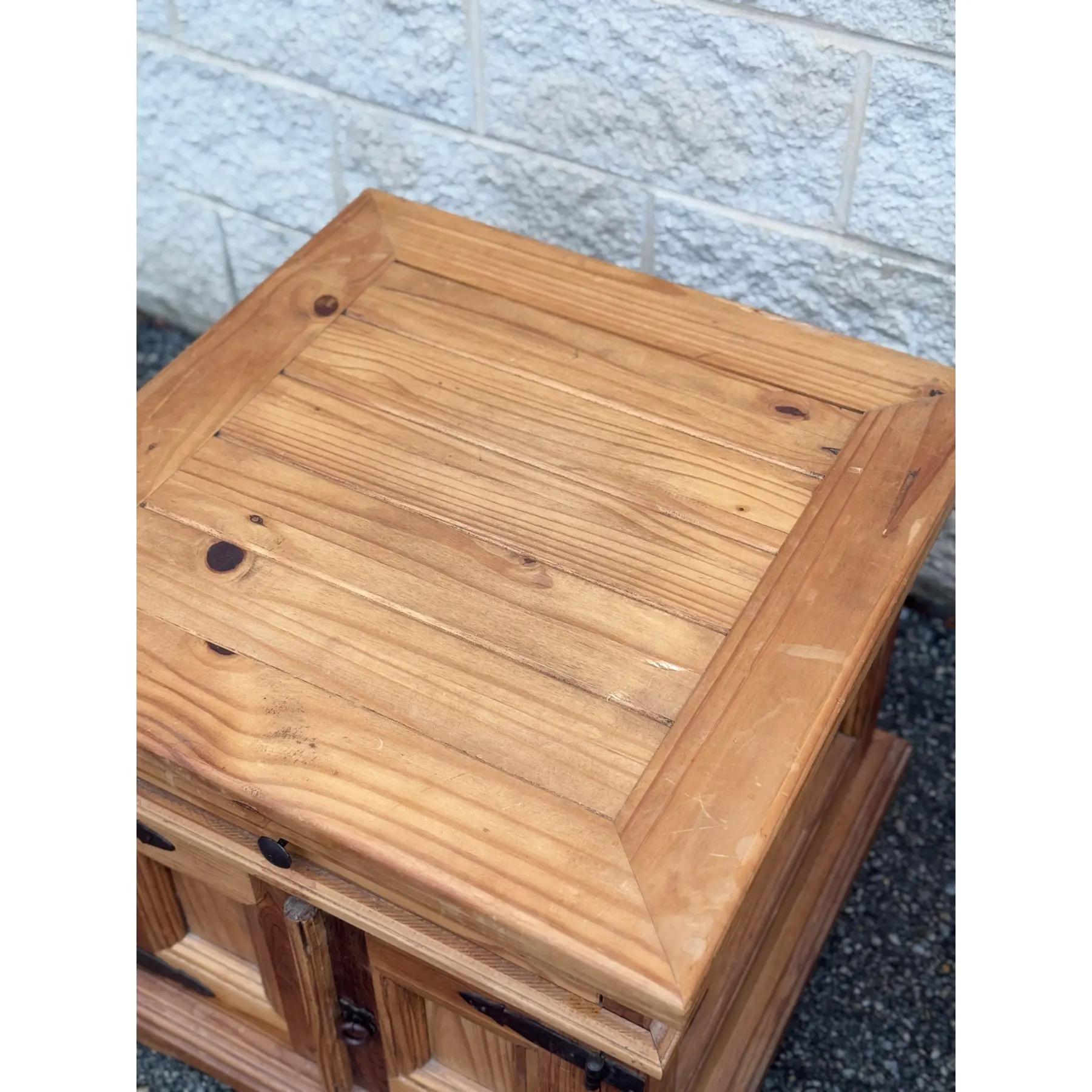 Pair of Rustic Pine Nightstands With Wrought Iron Hardware For Sale 1