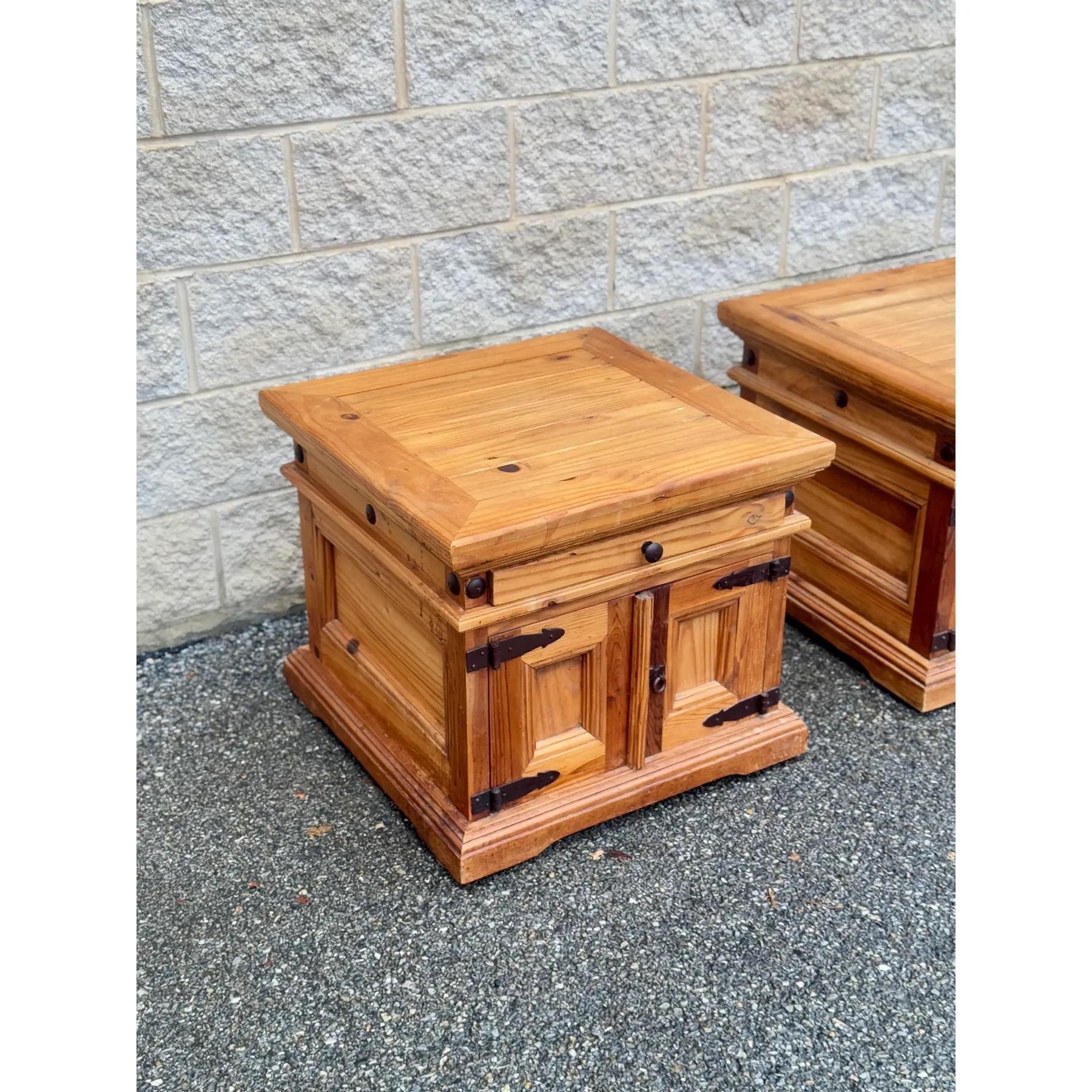 Pair of Rustic Pine Nightstands With Wrought Iron Hardware For Sale 3