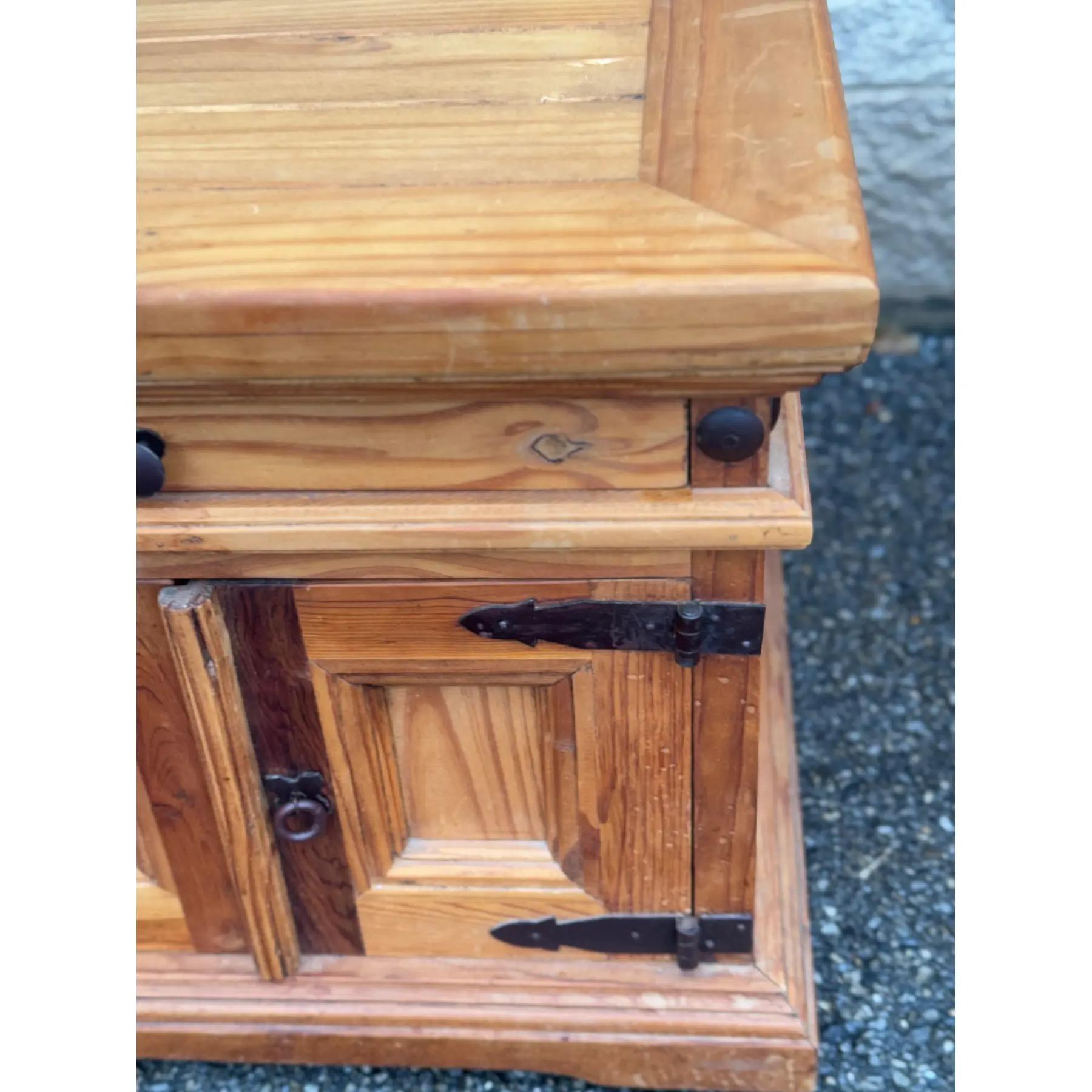 Pair of Rustic Pine Nightstands With Wrought Iron Hardware For Sale 4
