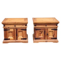Pair of Rustic Pine Nightstands With Wrought Iron Hardware