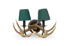 Pair of Rustic Resin Faux Antler Wall Sconces with Two Small Pleated Shades