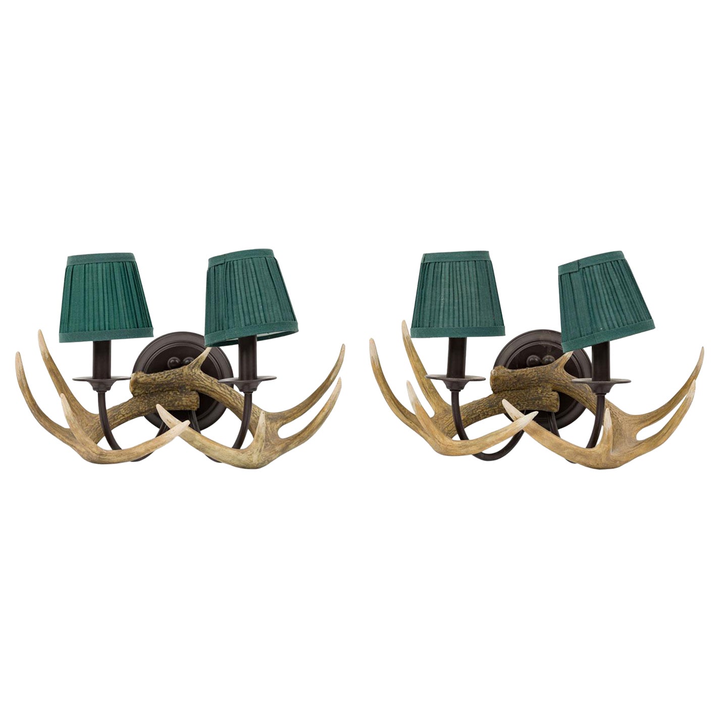 Pair of Rustic Resin Faux Antler Wall Sconces with Two Small Pleated Shades For Sale