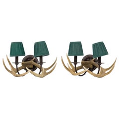 Pair of Rustic Resin Faux Antler Wall Sconces with Two Small Pleated Shades