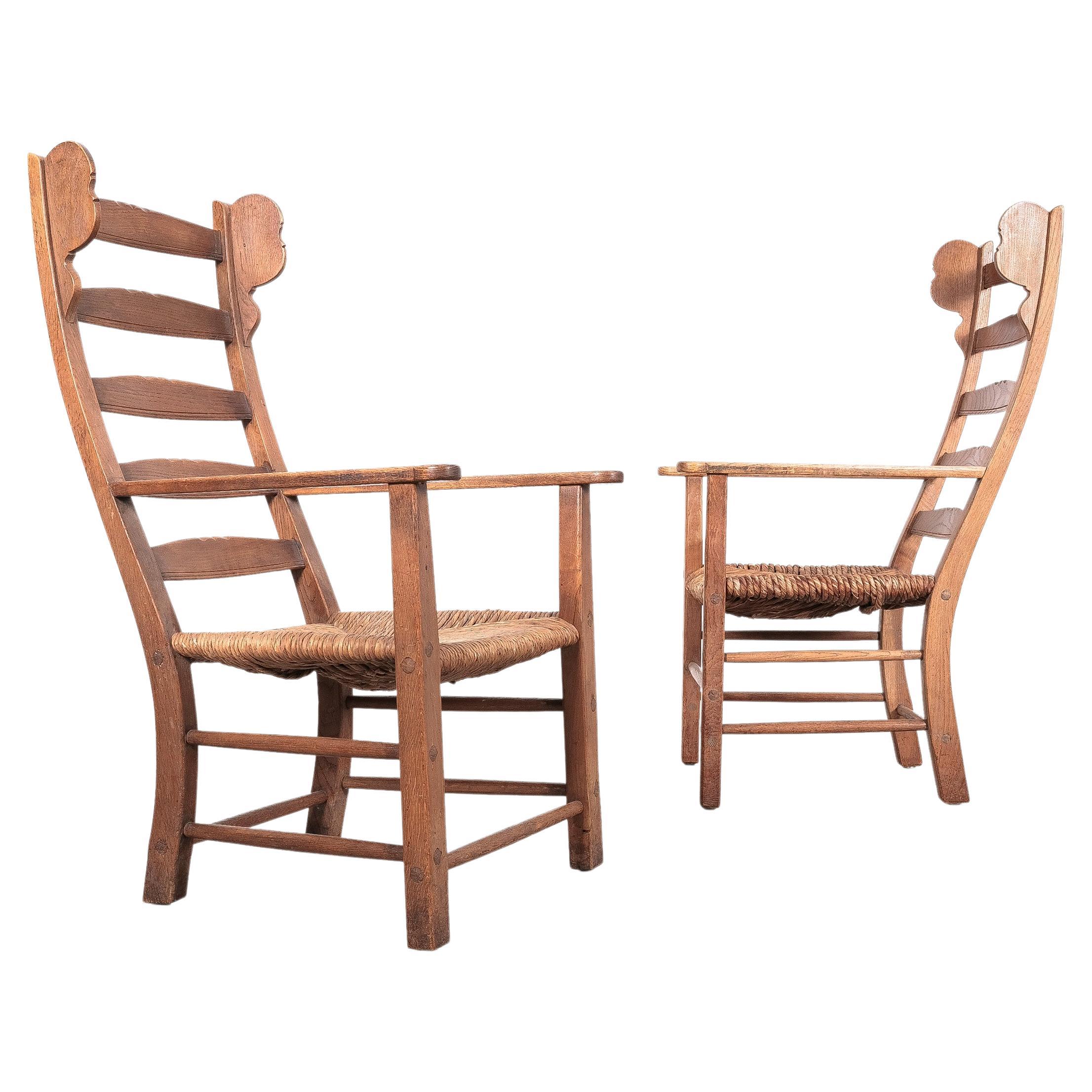 Pair of Rustic Rope Lounge Chairs Beech Wood, France, 1950 For Sale