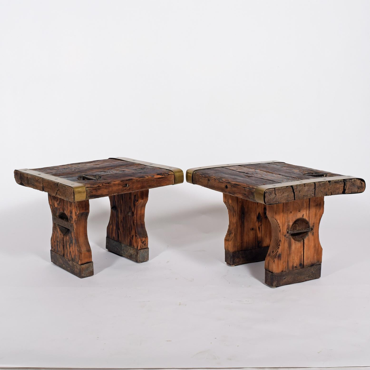 Danish Pair of Rustic Side Tables Made of Raw Hatch-Boards