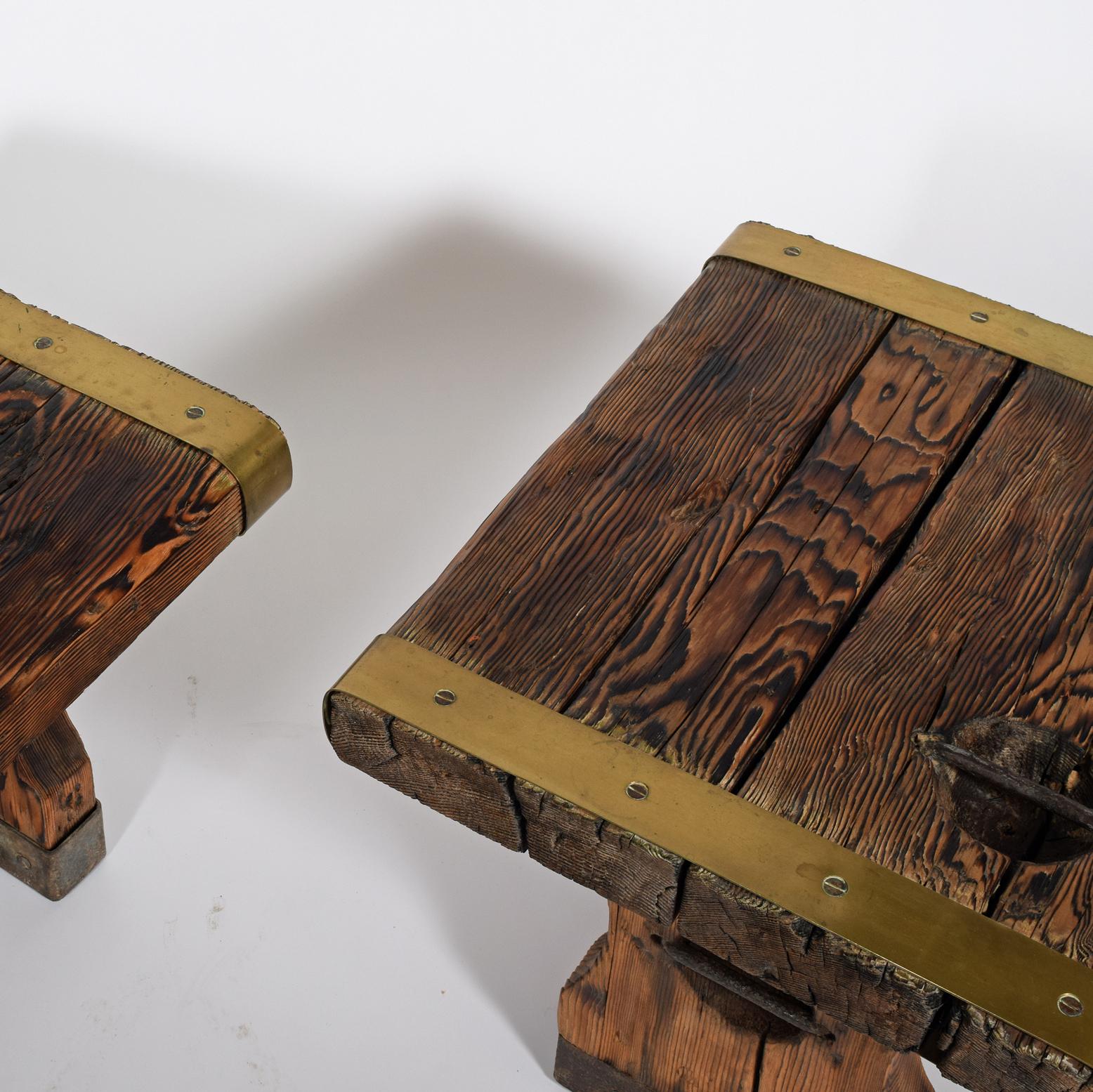 Driftwood Pair of Rustic Side Tables Made of Raw Hatch-Boards