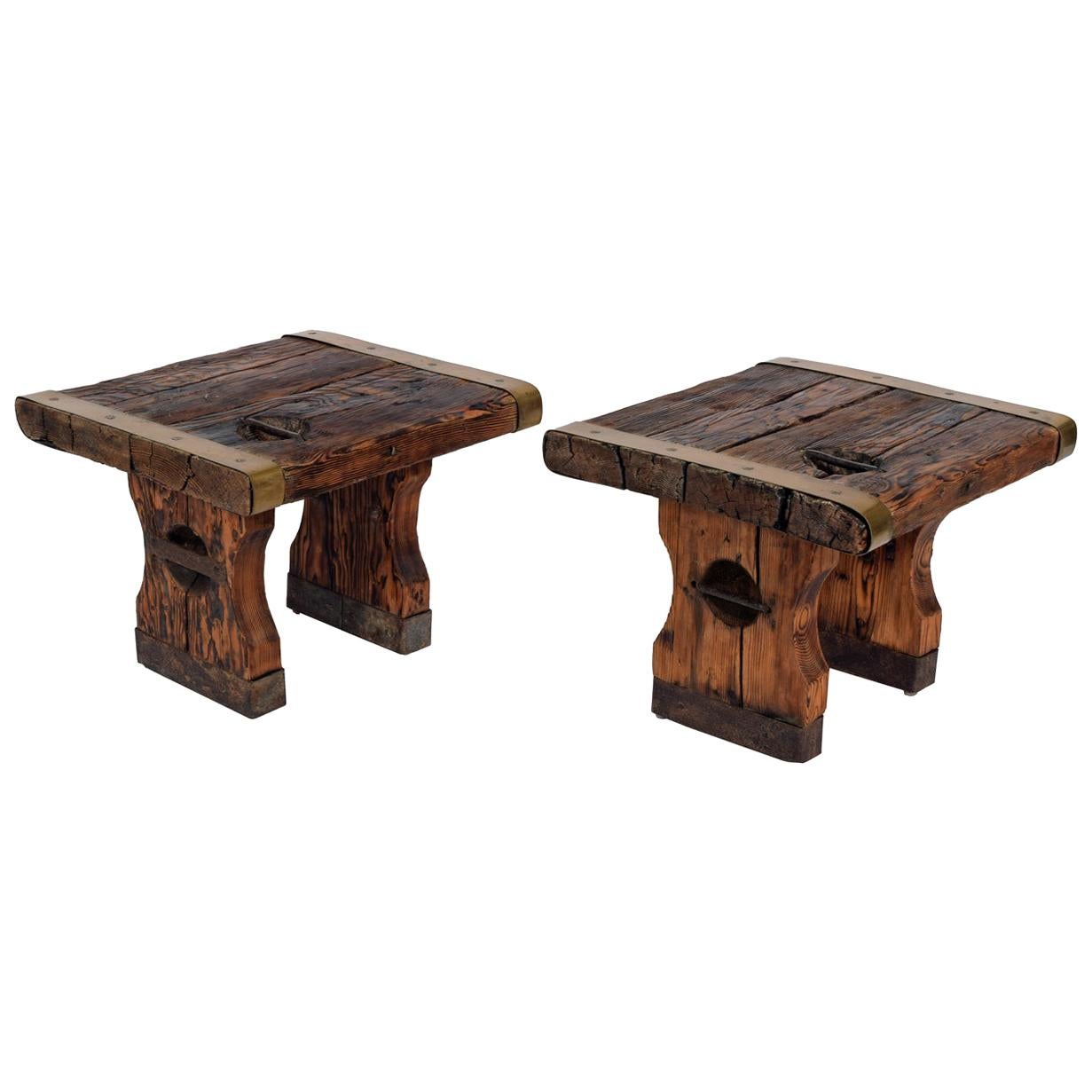 Pair of Rustic Side Tables Made of Raw Hatch-Boards