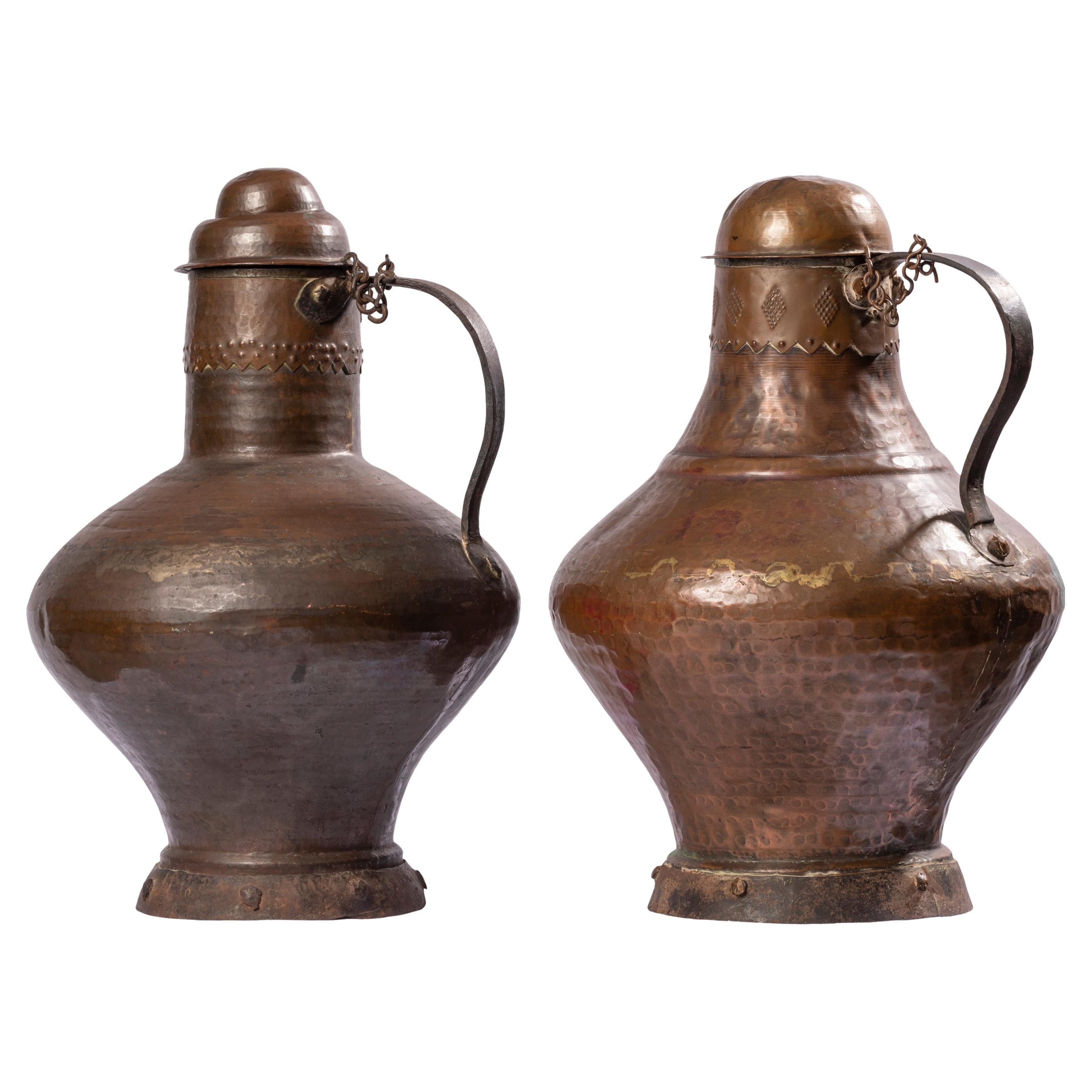 Pair of Rustic Spanish Arab Style Copper Water / Milk Jugs with Domed Lids For Sale