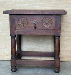 Pair of Rustic Spanish Carved Wood Nightstands with Drawer Storage