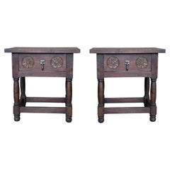 Pair of Rustic Spanish Carved Wood Nightstands with Drawer Storage
