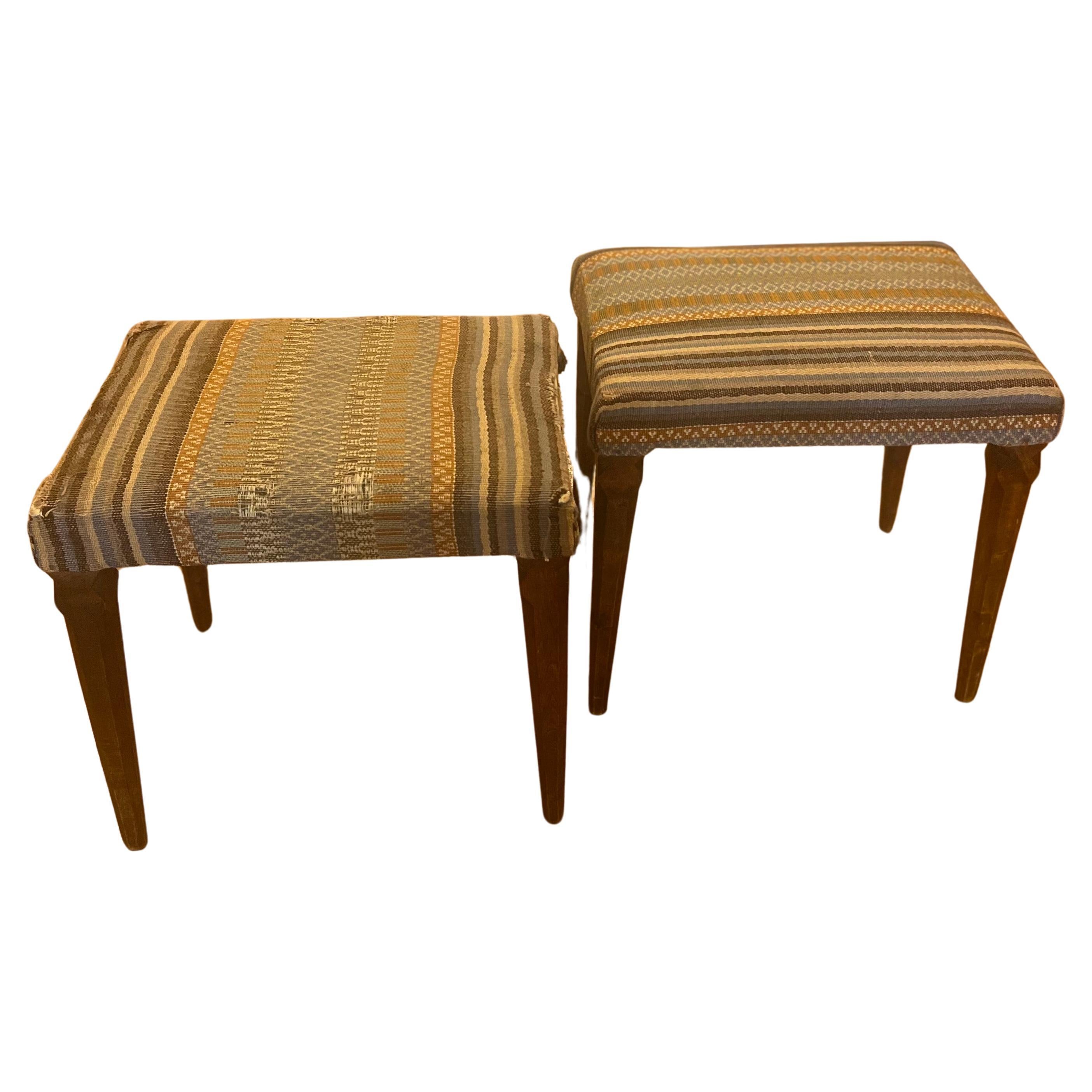 Pair of Rustic Swedish Modern Stools Wood Carved Legs For Sale