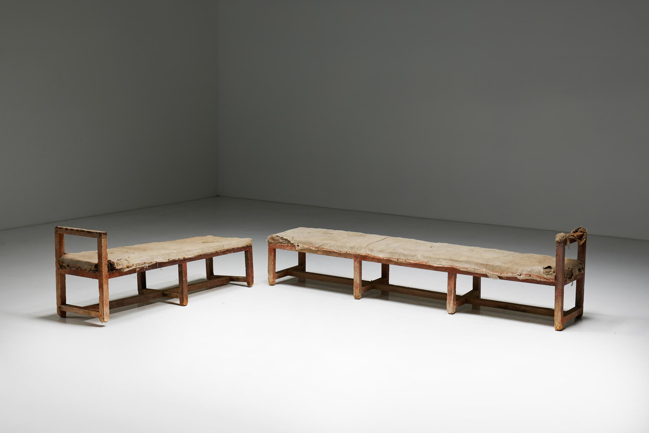 French Pair of Rustic Travail Populaire Benches, France, 19th Century For Sale
