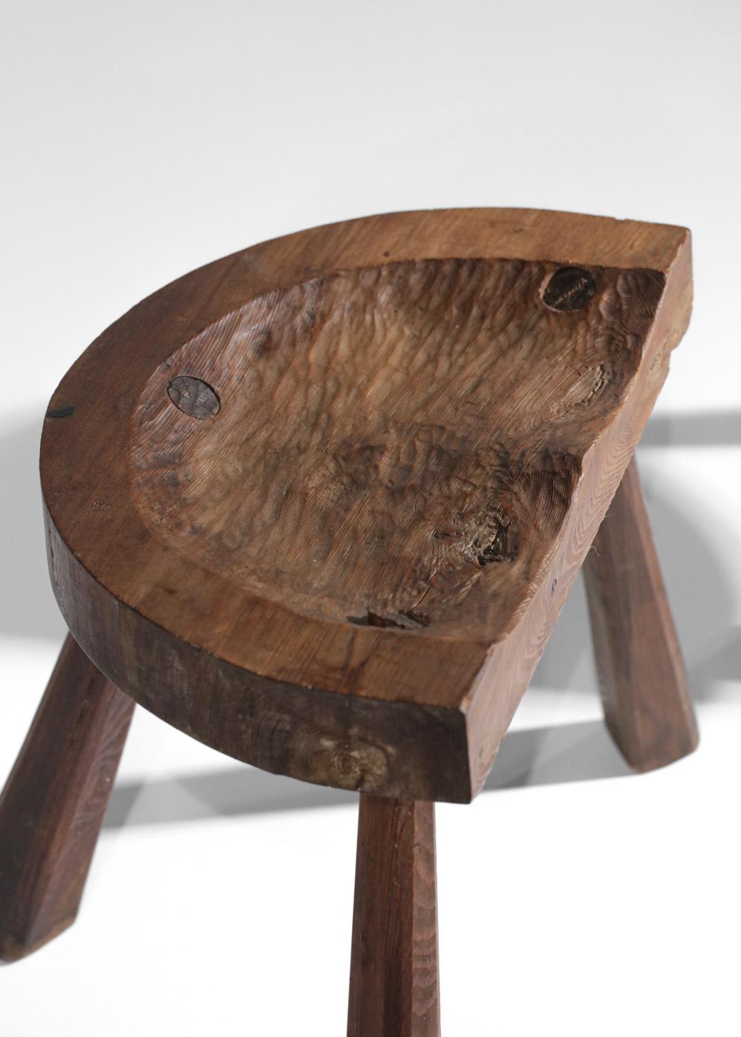 Campaign Pair of rustic tripod stools brutalist style Jean Touret artisan of Marolles  For Sale
