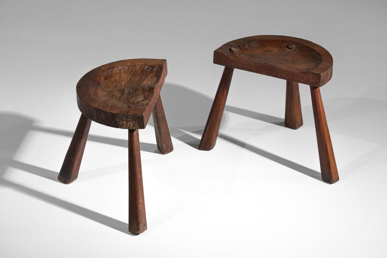 Mid-20th Century Pair of rustic tripod stools brutalist style Jean Touret artisan of Marolles  For Sale