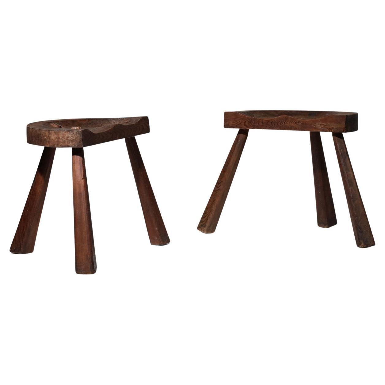 Pair of rustic tripod stools brutalist style Jean Touret artisan of Marolles 