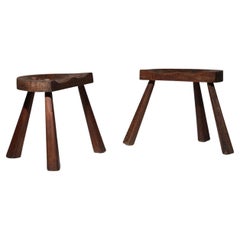 Retro Pair of rustic tripod stools brutalist style Jean Touret artisan of Marolles 