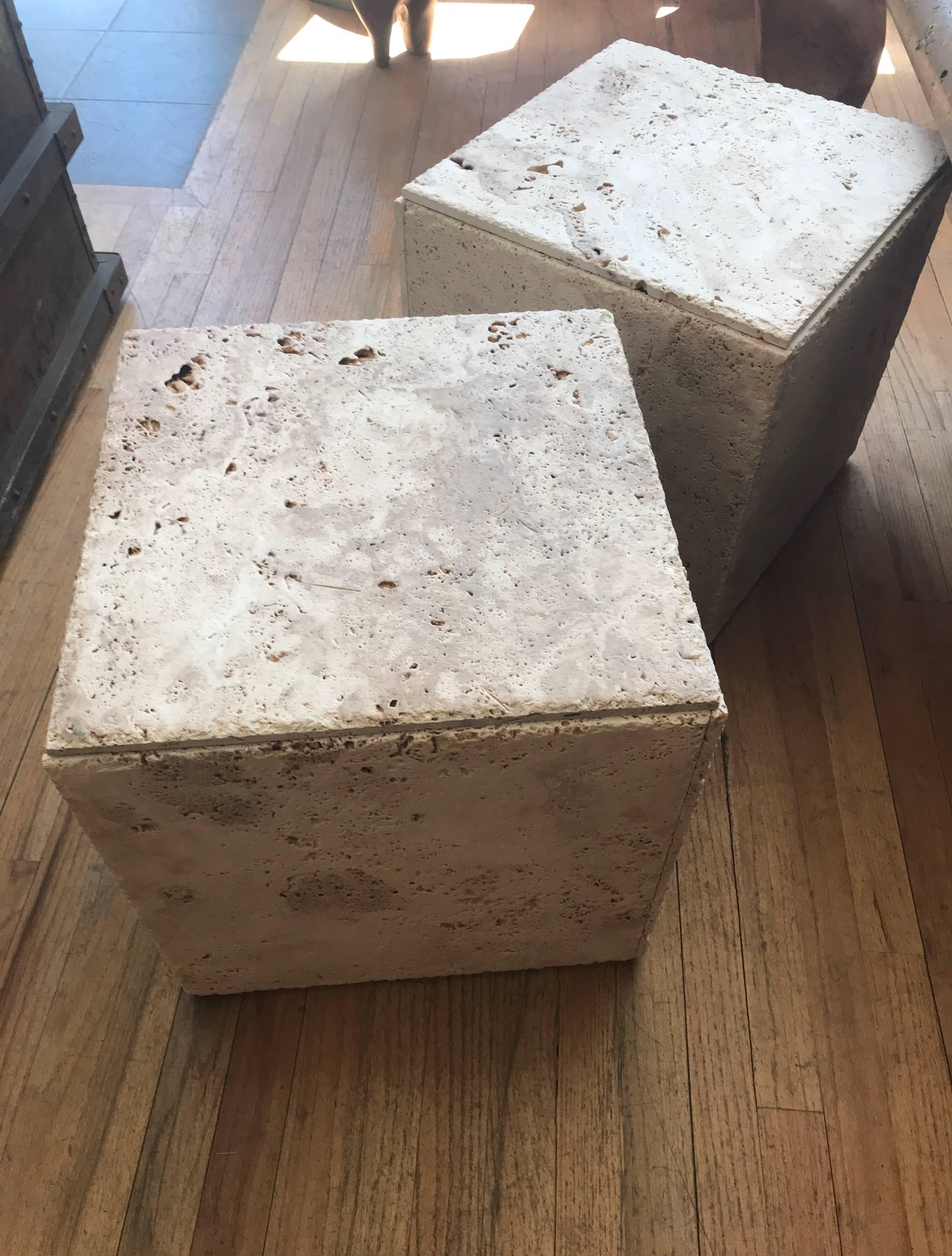 Pair of Rustic Unpolished Italian Travertine Cube Coffee Tables 11