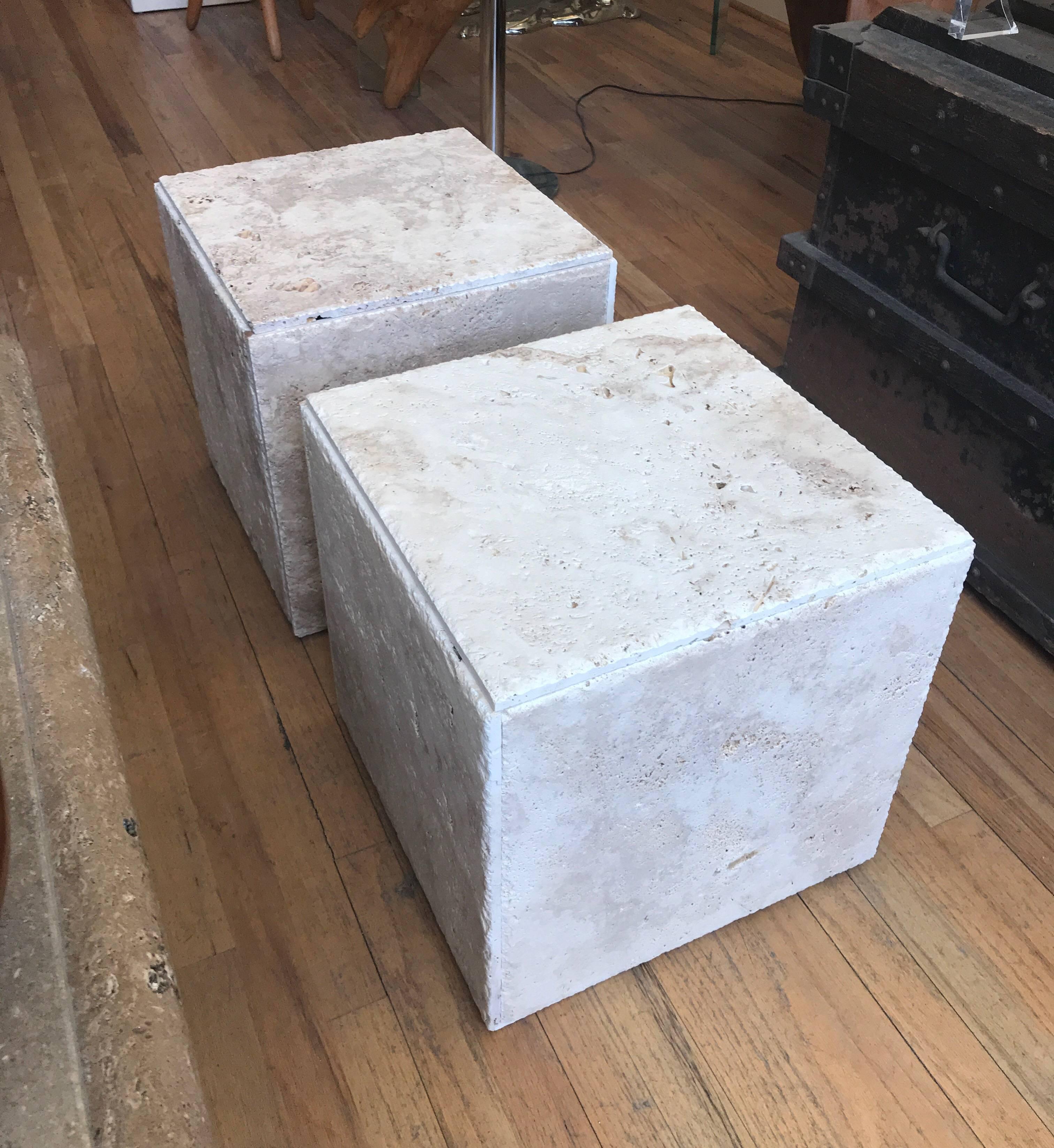A rustic pair of unpolished Italian travertine cube coffee tables.
Would also make for a nice pair of side or end tables.
The surface is richly veined with overall unfilled pitted holes.
 