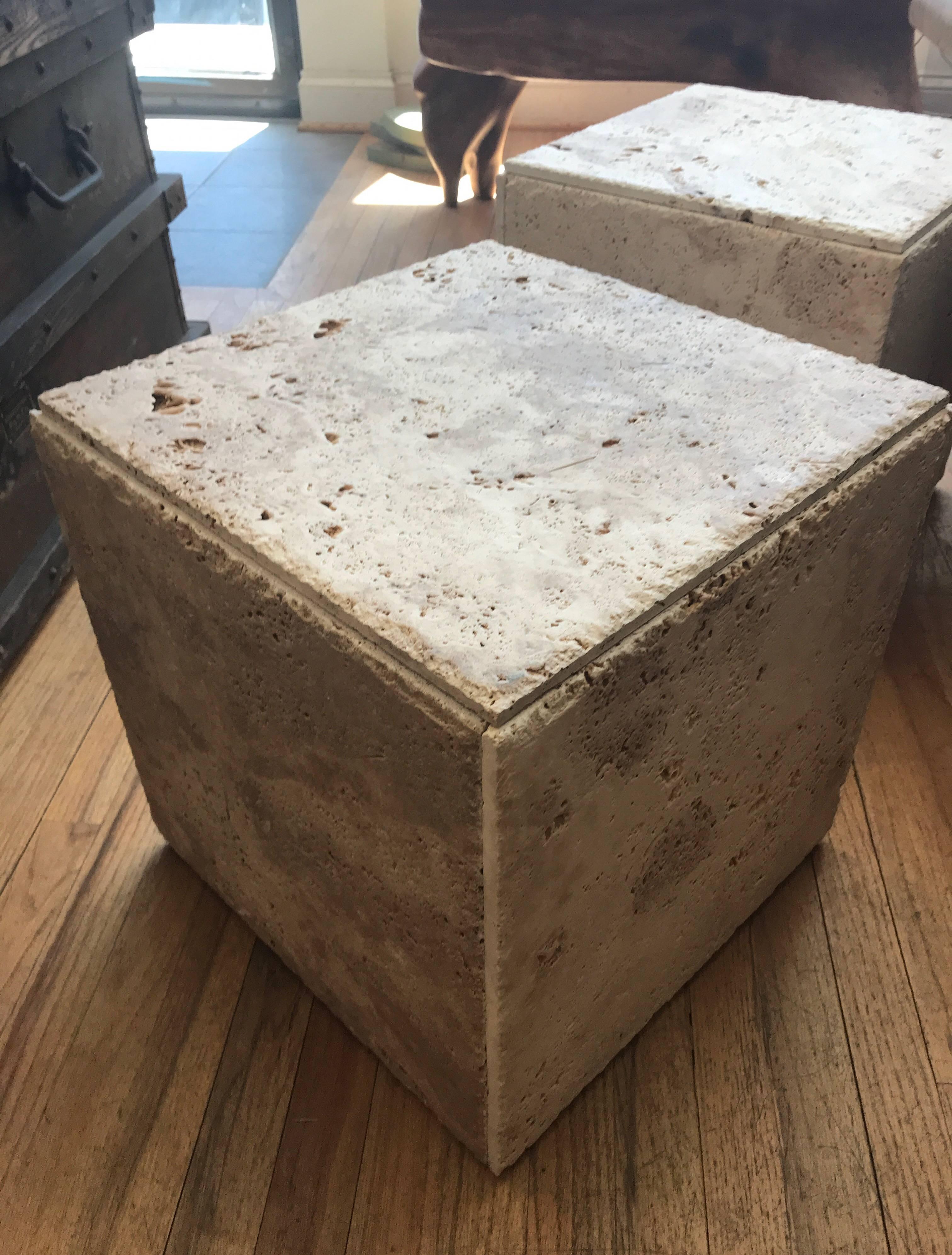 Pair of Rustic Unpolished Italian Travertine Cube Coffee Tables 15