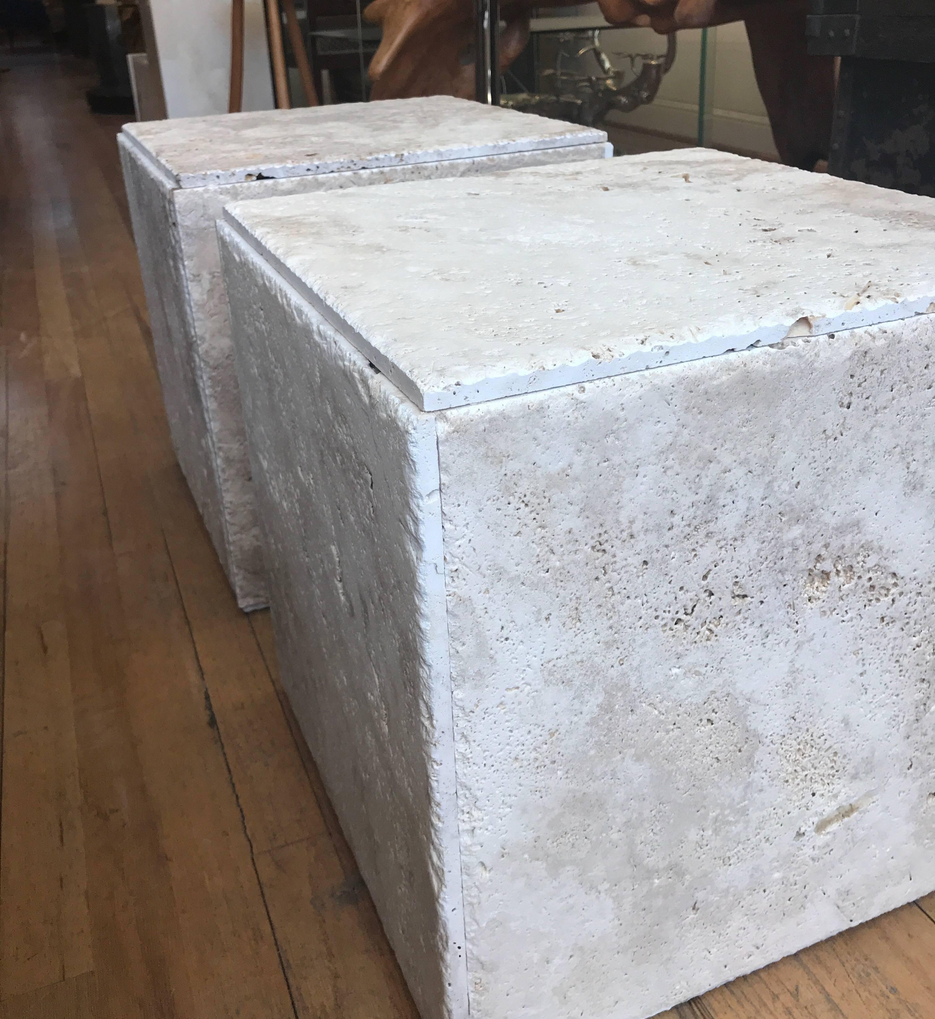 Pair of Rustic Unpolished Italian Travertine Cube Coffee Tables 1