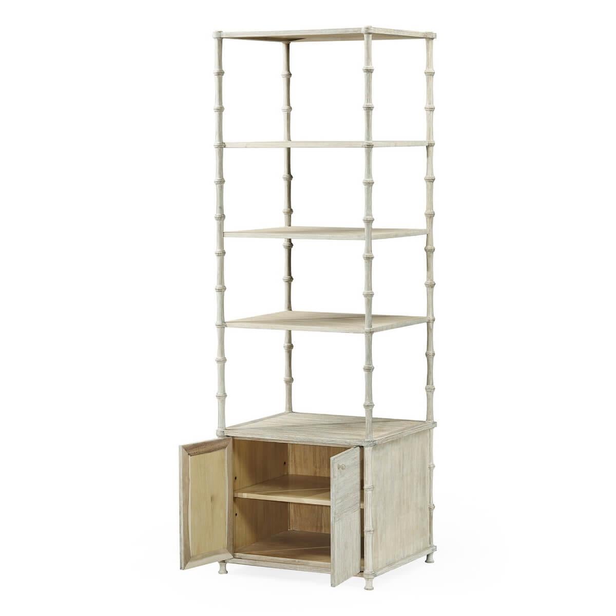 A Rustic country-style four-tier etagere with a wash-painted finish. With patchwork style tiers and a two-door cabinet below.

Dimensions: 28