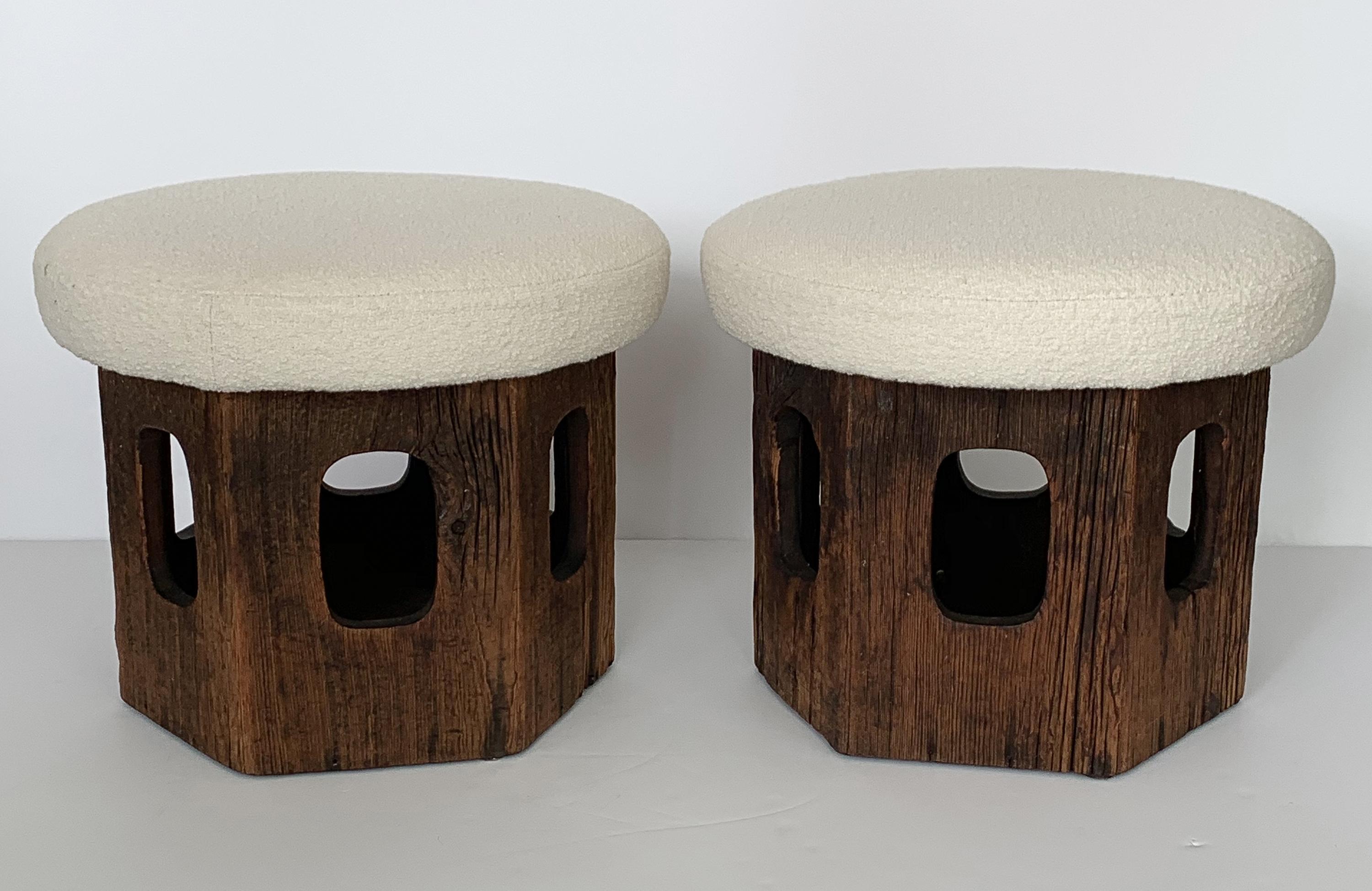 Pair of Rustic Wood Hexagon Mushroom Ottoman Footstools 6