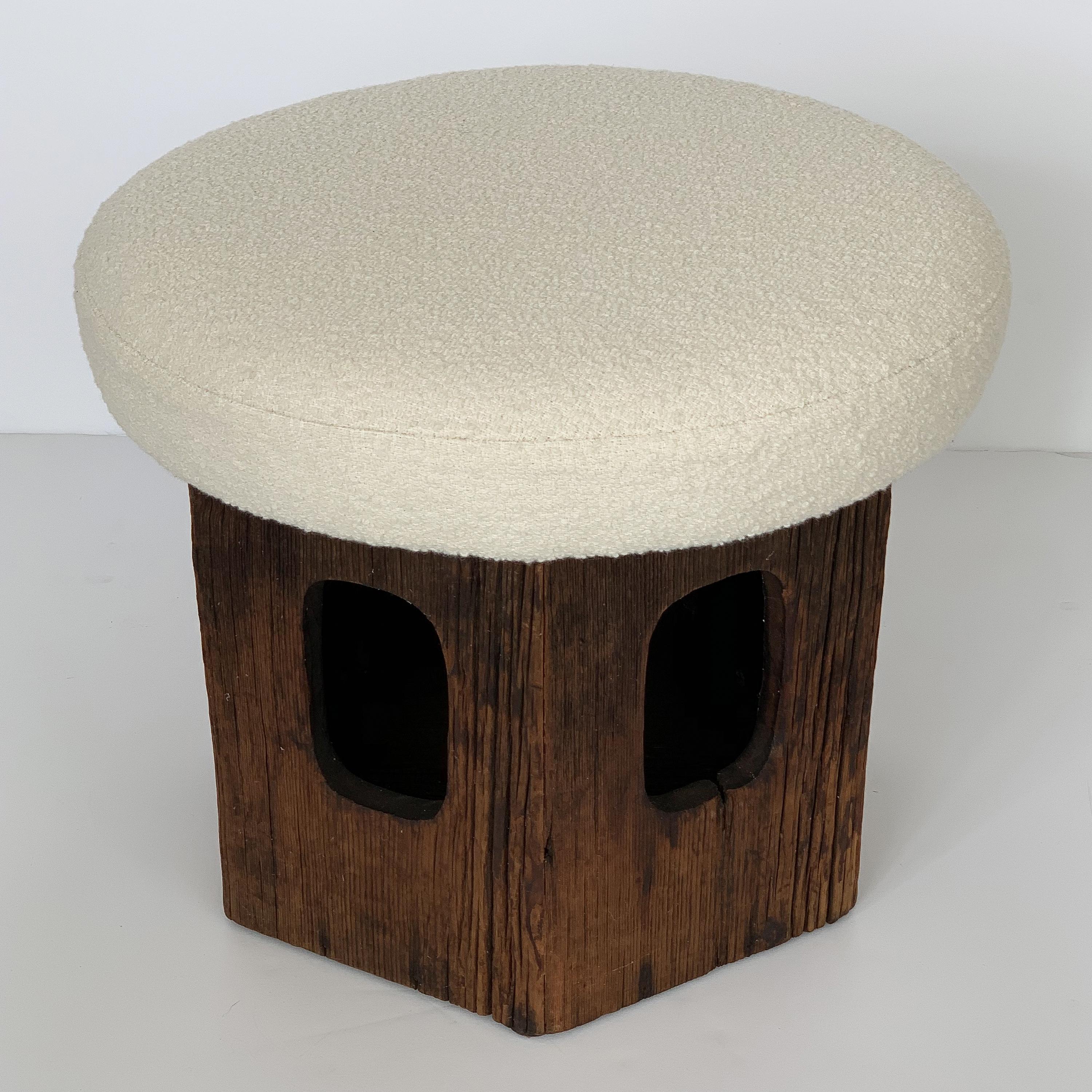 Fabric Pair of Rustic Wood Hexagon Mushroom Ottoman Footstools