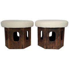 Retro Pair of Rustic Wood Hexagon Mushroom Ottoman Footstools