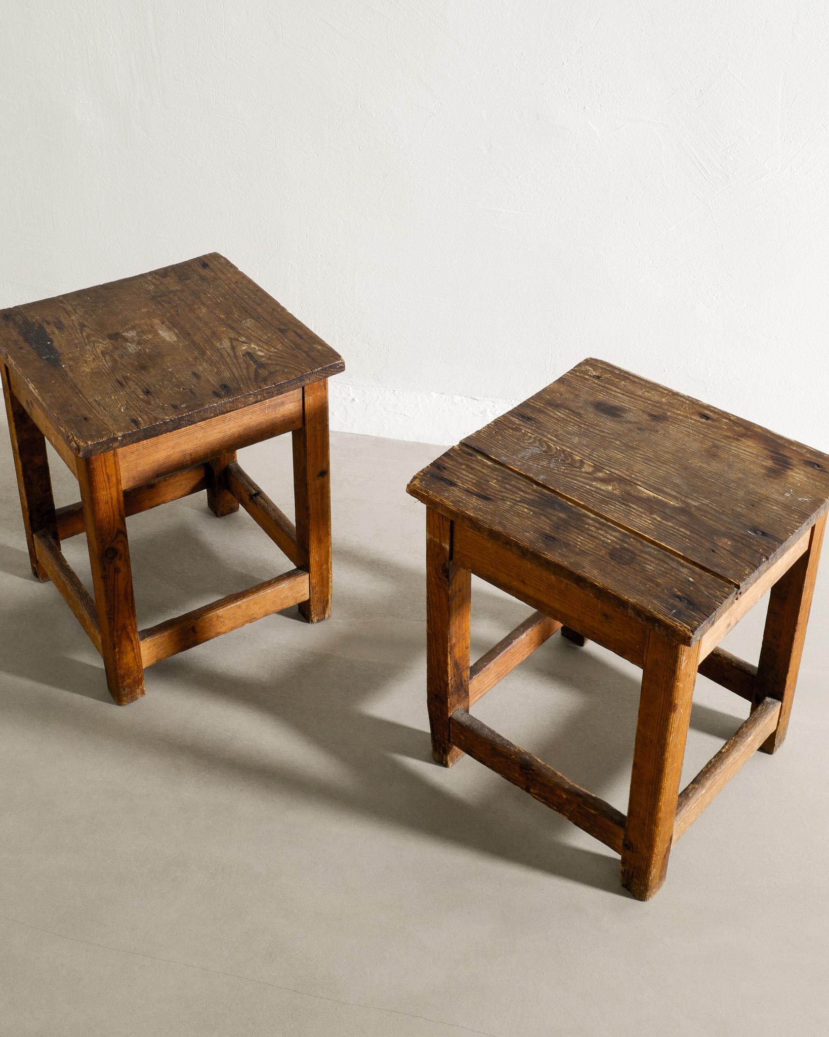 Early 20th Century Pair of Rustic Wooden Swedish Bed Side Tables in Pine Produced Early, 1900s For Sale