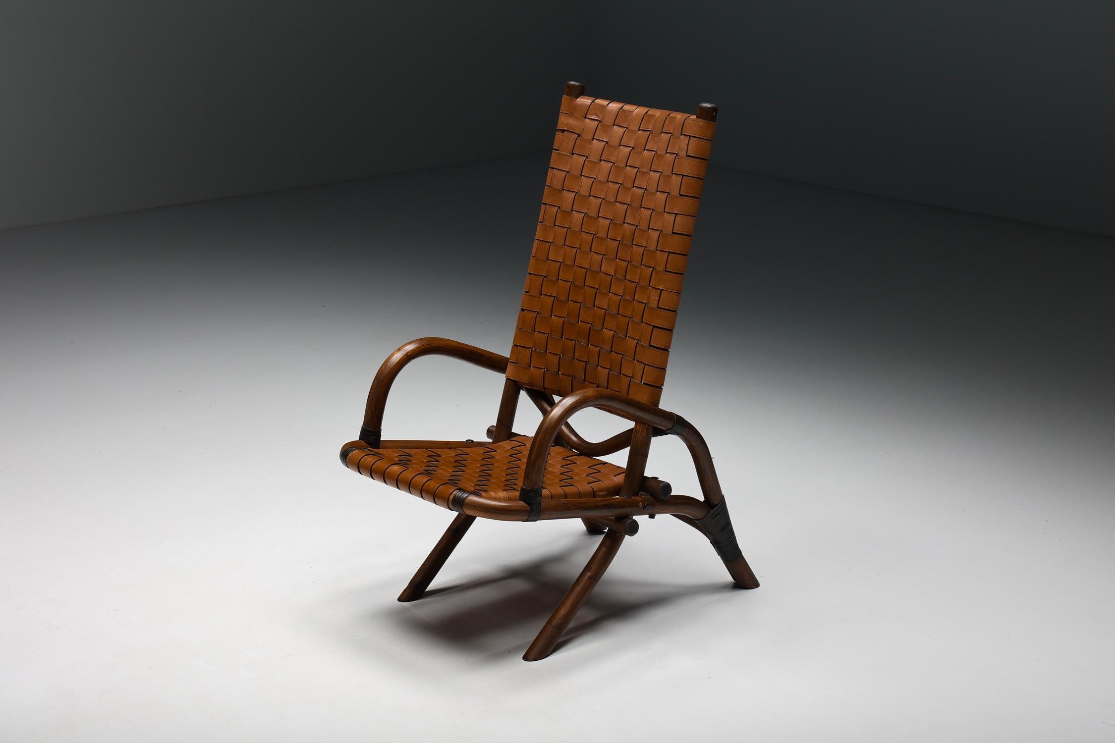 Pair of Rustic Woven Leather Bamboo Armchairs, Mid-Century Modern, France, 1950s 5