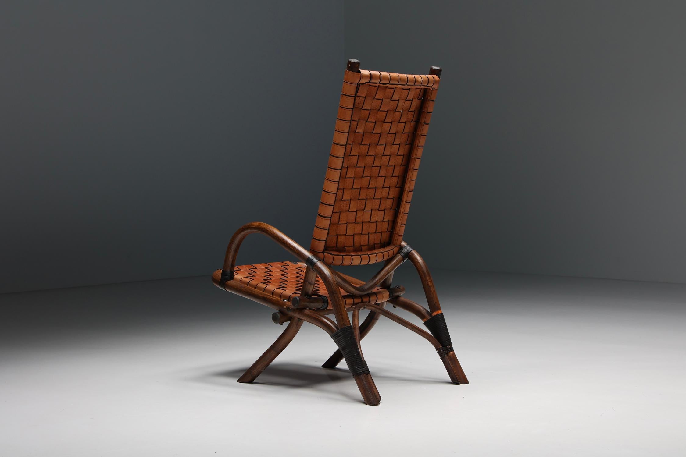 Pair of Rustic Woven Leather Bamboo Armchairs, Mid-Century Modern, France, 1950s 6
