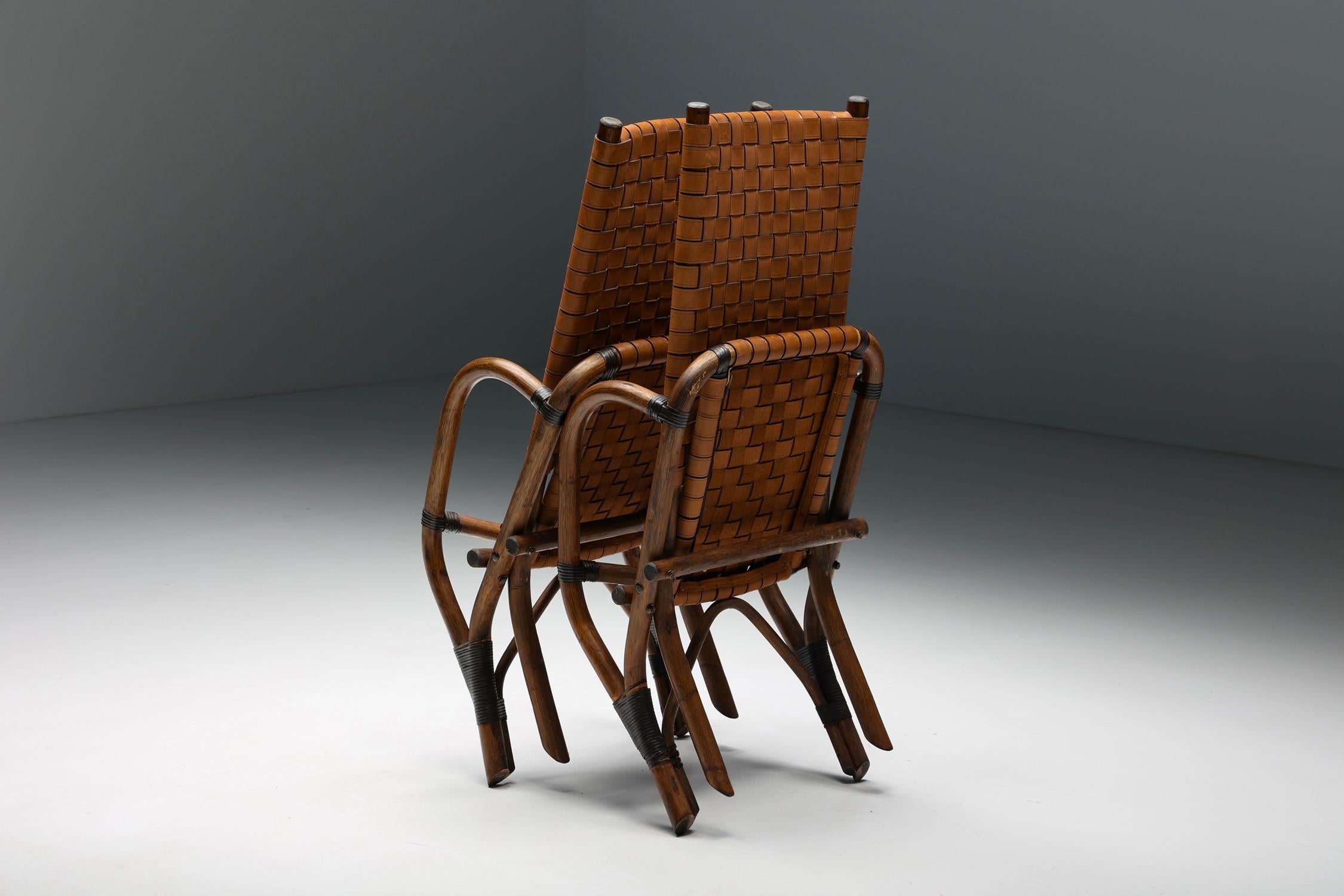 Pair of Rustic Woven Leather Bamboo Armchairs, Mid-Century Modern, France, 1950s 15